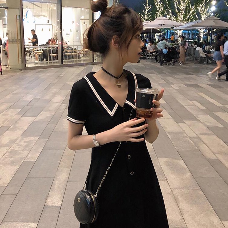 Đầm Cổ Polo Màu Đen Dáng Ôm Thời Trang Mùa Hè Xinh Xắn Cho Nữ