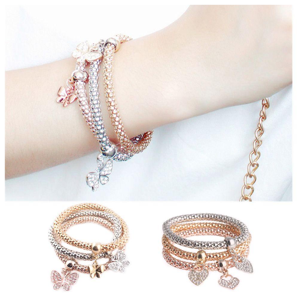 Bộ 3 Vòng Tay Nhiều Lớp Mặt Hình Trái Tim / Bướm / Trái Tim Thời Trang