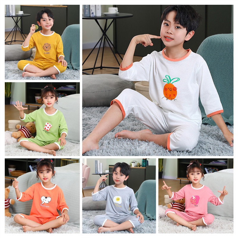 Bộ Đồ Ngủ Tay Dài 3 / 4 Bằng Cotton Thoáng Khí Dành Cho Bé Trai Gái 90-150cm
