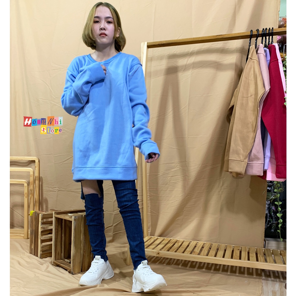 Áo Sweater Trơn Ulzzang Unisex Màu Xanh Chất Nỉ Bông Cao Cấp Dáng Rộng Nam Nữ - MM