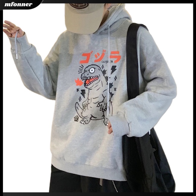 Áo Hoodie Dáng Rộng Cỡ Lớn In Họa Tiết Khủng Long Hoạt Hình Phối Dây Rút Cá Tính Cho Nam Và