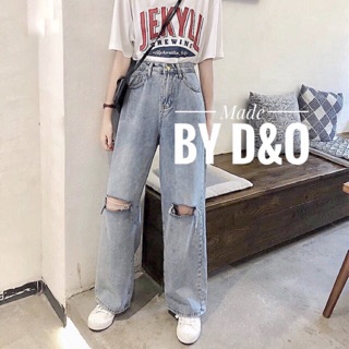 Quần ống rộng Xanh Nhạt rách 2 Gối [size đại 30-35] - Lưng Cao - Không Co Giãn