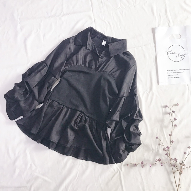 Áo sơ mi phối màu đen trắng Áo kiểu tay loe cổ somi