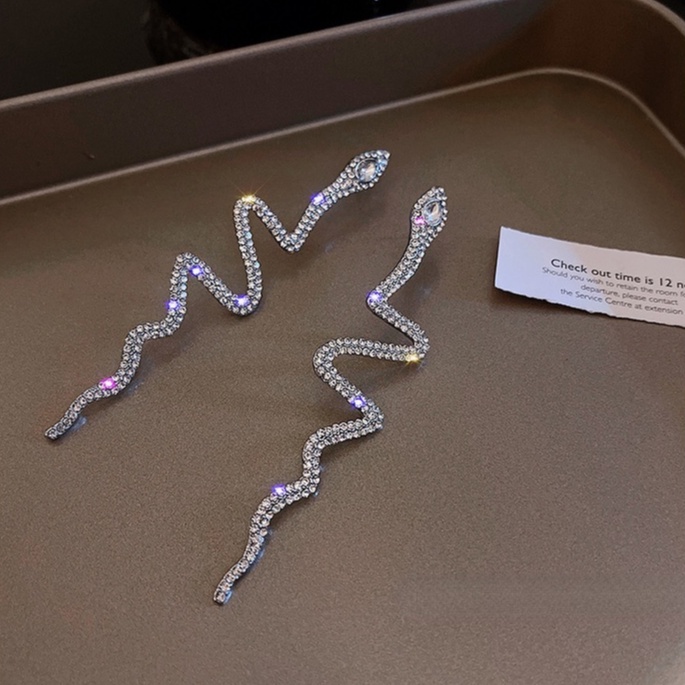 Bông Tai Mạ Bạc 925 Dáng Dài Hình Rắn Đính Kim Cương Phong Cách retro Thời Trang