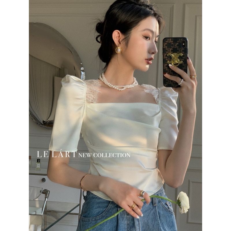 Áo Voan Mỏng Màu Trơn Cổ Vuông Tay Phồng Xếp Ly Xinh Xắn Thời Trang Hàn Quốc