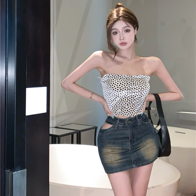 Set Áo Ống Kèm Chân Váy Denim Lưng Cao Thời Trang Dành Cho Nữ