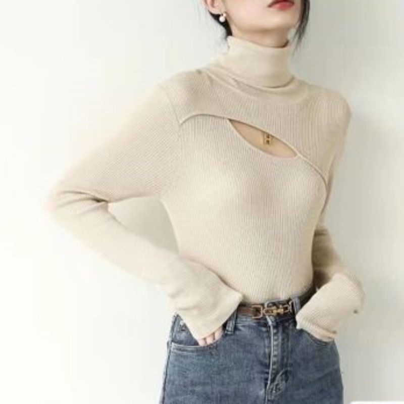 Áo sweater tay dài cổ cao dáng ôm màu trơn khoét lỗ thời trang Hàn Quốc