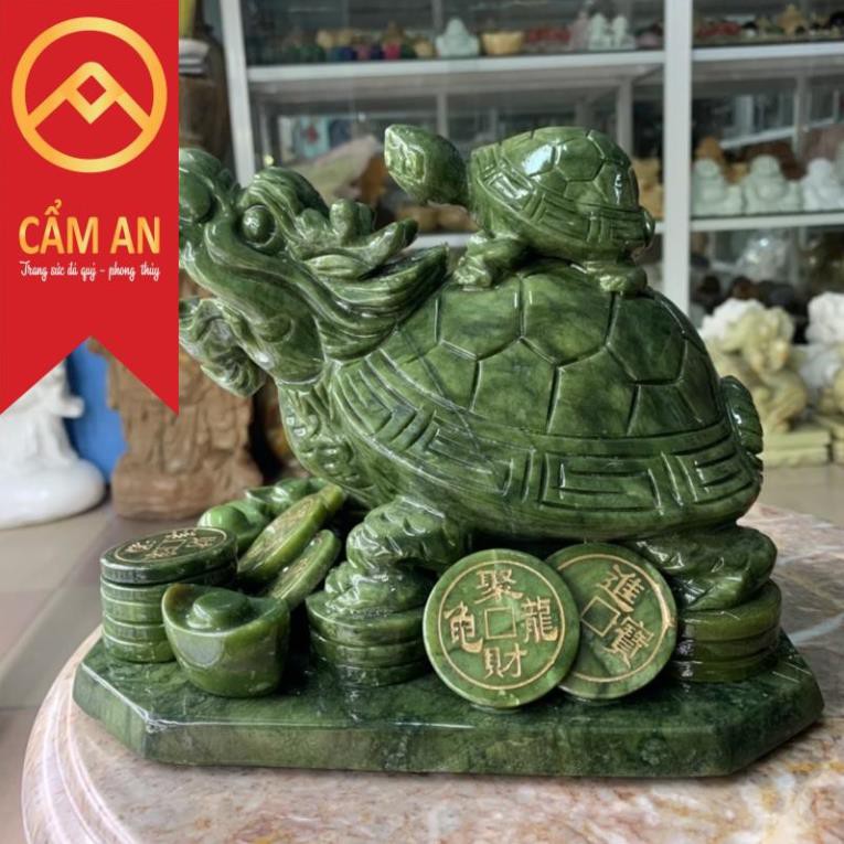 Tượng Long Quy ( Rùa đầu rồng ) cõng con phong thủy đá ngọc Serpentine Ấn độ - Dài 22 cm