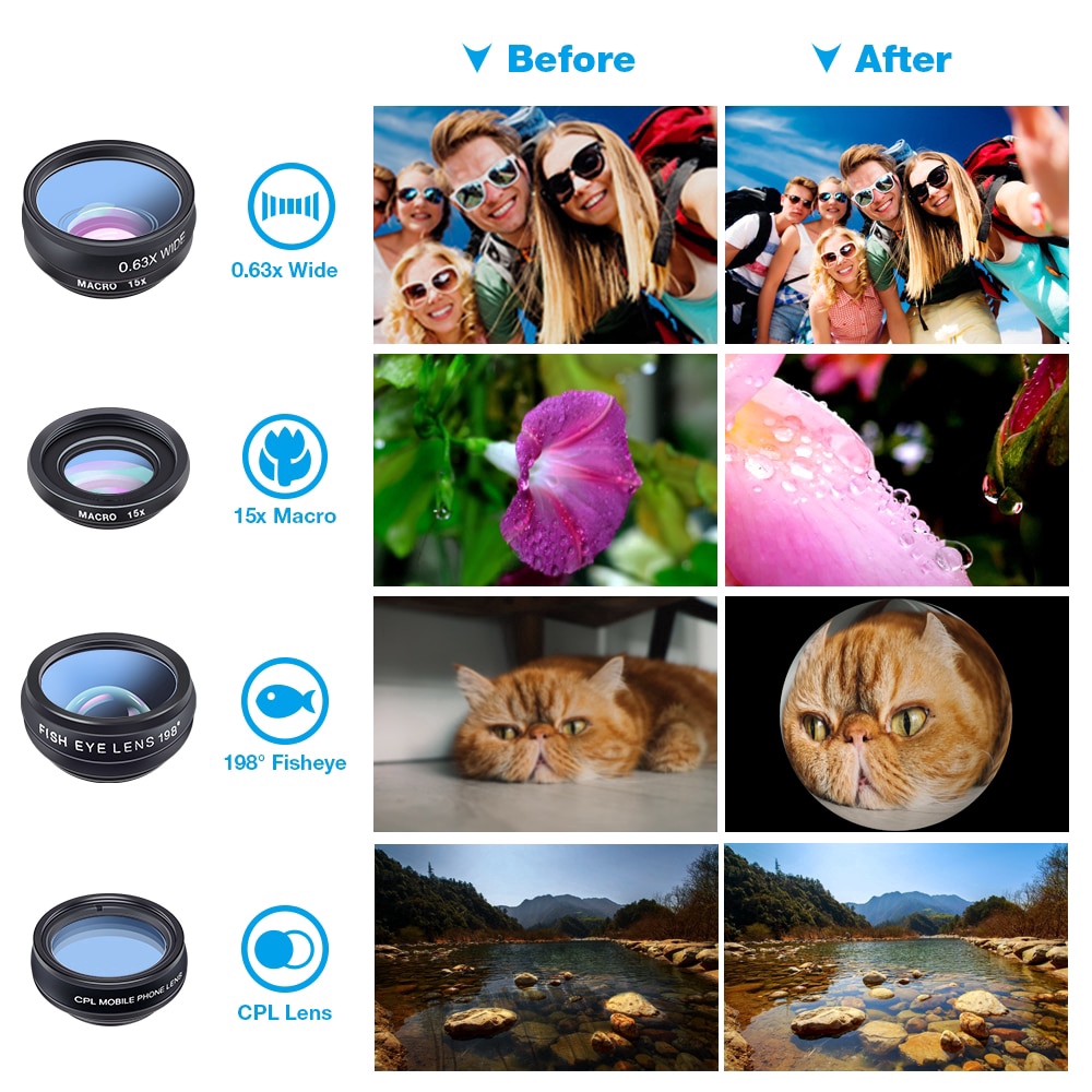 APEXEL 10 in 1 Mobile Lens Telephoto Fisheye Wide Angle Macro Lens + CPL / Flow
