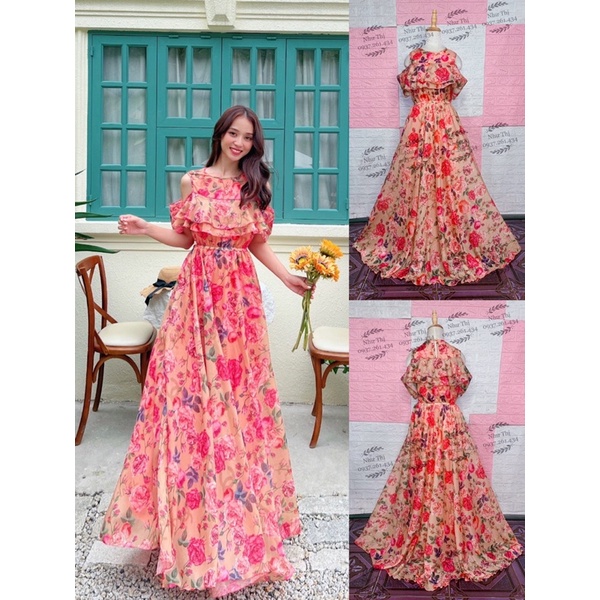 (miễn phí chỉnh váy) đầm maxi voan hoa khoét vai váy xoè đi biển du lịch chụp hình sống ảo form thoải mái