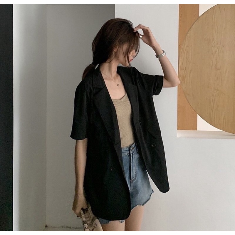 Áo blazer tay ngắn cổ vest 4 nút bọc nhiều màu freesize Pumi
