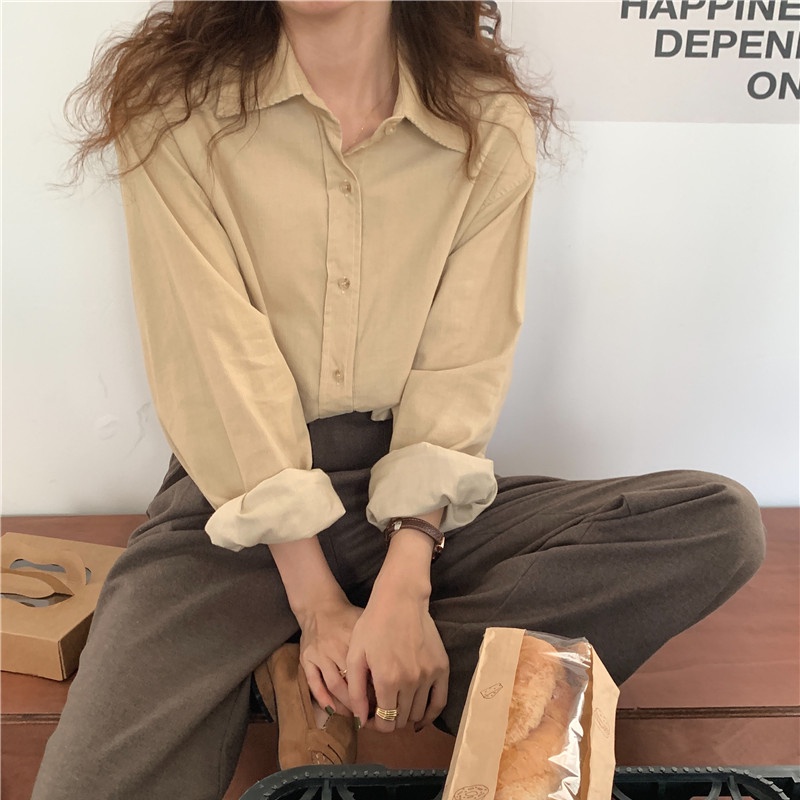 SUXI Áo Sơ Mi Dài Tay Màu Sắc Đơn Giản Phong Cách Hàn Quốc