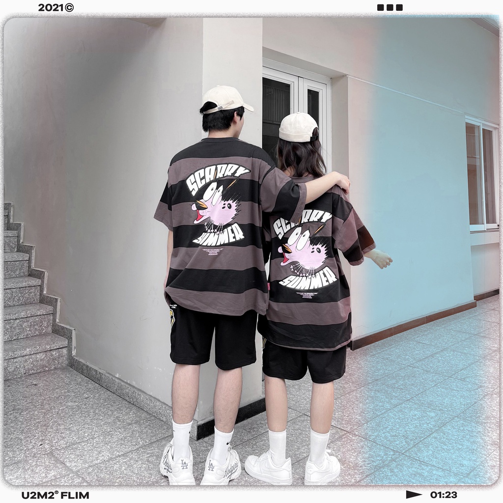 Áo Thun Nam Nữ From Rộng Tay Lỡ - Ủn Ủn Meo Meo® Chất Liệu Vải Thun Cotton 100% - Sọc Ngang Lớn Đen- Nâu - Scarry Summer