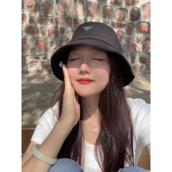 Mũ bucket nữ cao cấp nón bucket dạ logo chữ M có dây rút