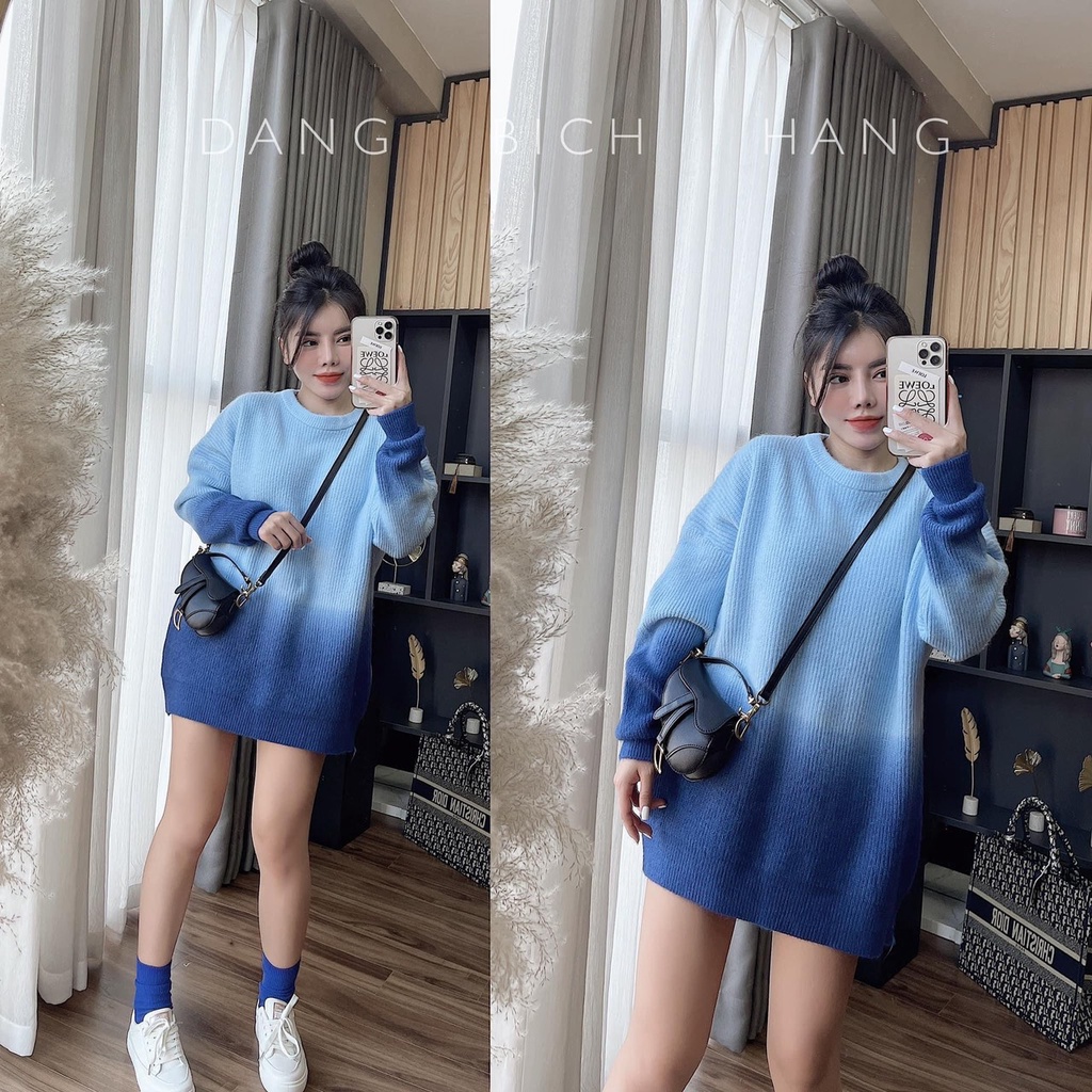 Áo Len Nữ Loang Màu Cổ Tròn Dài Tay Dáng Rộng Xanh Lá/Xanh Dương/Hồng Freesize