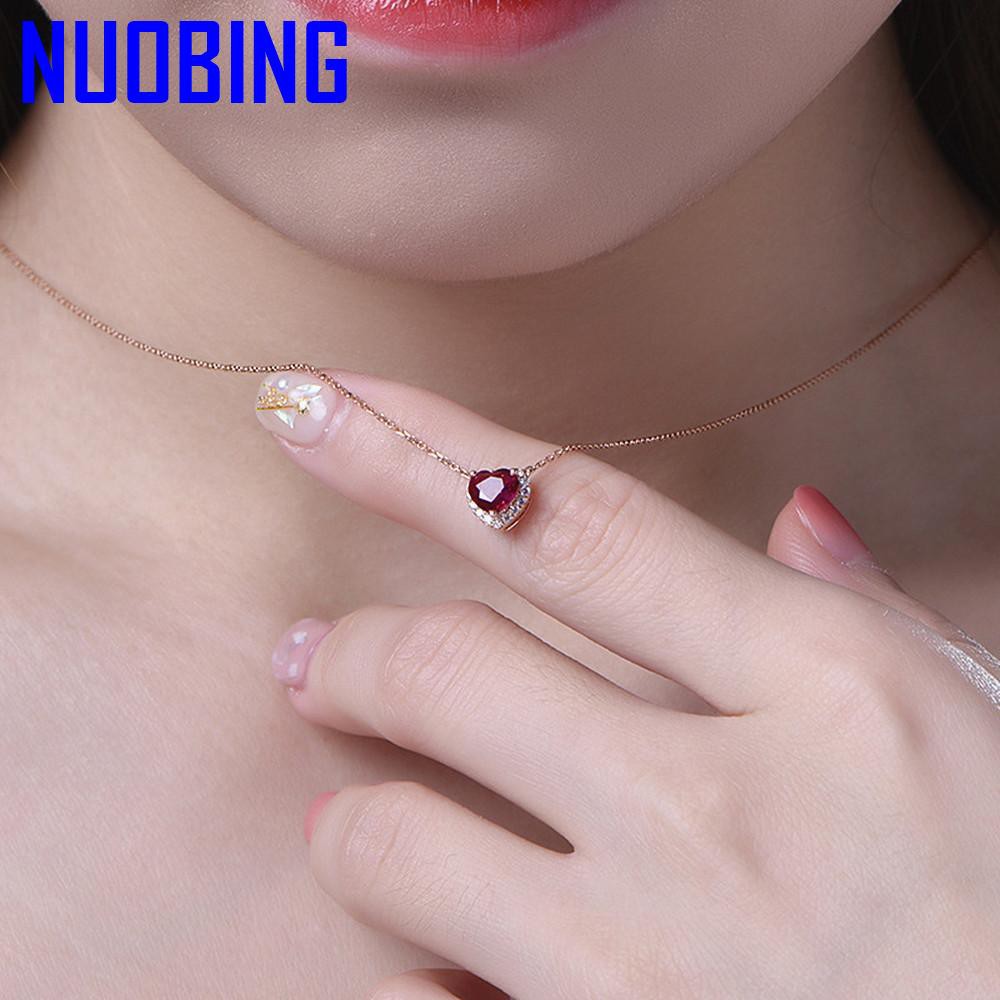 Fashion Little Heart Red Crystal Ruby Gemstones Pendant Necklaces For Women Zircon Diamonds Rose Gold Tone Choker Chain Jewelry|Pendants|