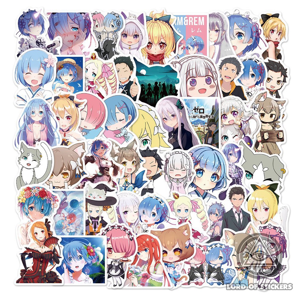 Set 50 Hình Dán Re:Zero Rem Ram Waifu Sticker Cute Anime Manga Chống Thấm Nước Trang Trí Mũ Bảo Hiểm, Laptop, Vali, Sổ