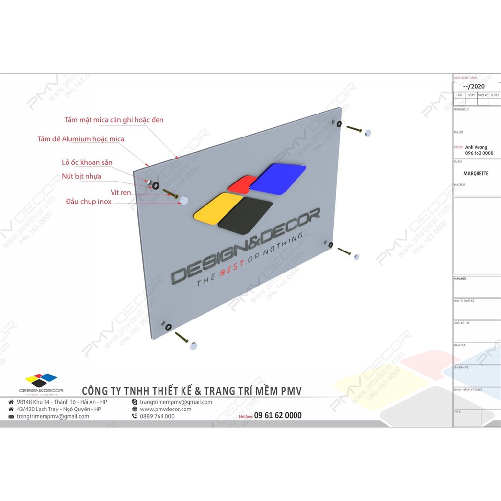 BẢNG, BIỂN TÊN CÔNG TY. Size 60*40cm, Mica có đèn led hắt sáng chân, chi tiết nổi theo nội dung yêu cầu. BCT-PMV108