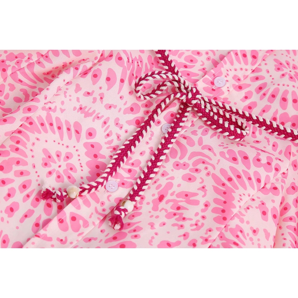 Zara Morocco full tag - Đầm Zara họa tiết hồng stamps DS09DXG50N9