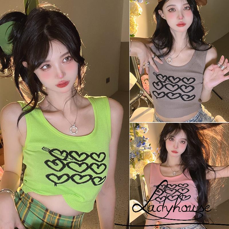 Áo Croptop Dệt Kim Không Tay Cổ Tròn In Họa Tiết Trái Tim Thời Trang Xuân Hè Cho Nữ