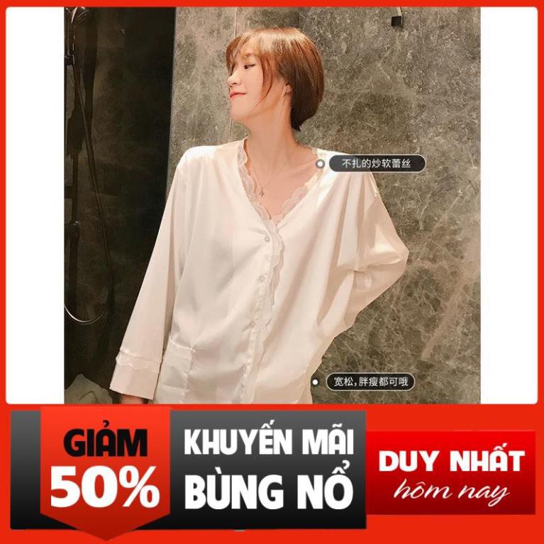 > Ice pyjama nữ mỏng cổ V áo sơ mi trắng gợi cảm Kiểu dáng dài có thể mặc bên ngoài Váy ngủ lụa ngọt