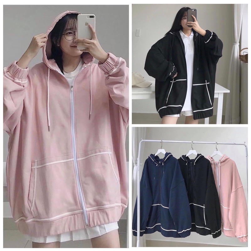 Áo Khoác Hoodie Viền Tay Bồng L.Y Store Nữ [FREESHIP] 🌸 Jacket form rộng có mũ màu ĐEN | HỒNG | XANH TÍM THAN Ulzzang 🌸 | BigBuy360 - bigbuy360.vn
