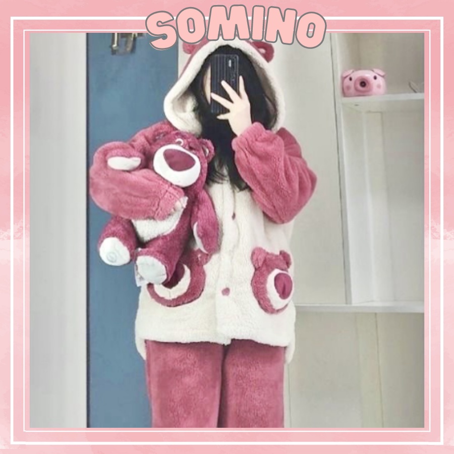 Bộ ngủ lông dài tay gấu dâu gấu lotso mặt mềm mại dễ thương bộ ngủ mùa đông dày dặn ấm áp Somino