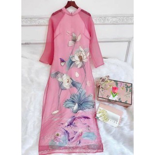 Áo dài nữ hoa sen thêu cườm tinh tế - mẫu mới - KHÔNG ĐÍNH KẾT