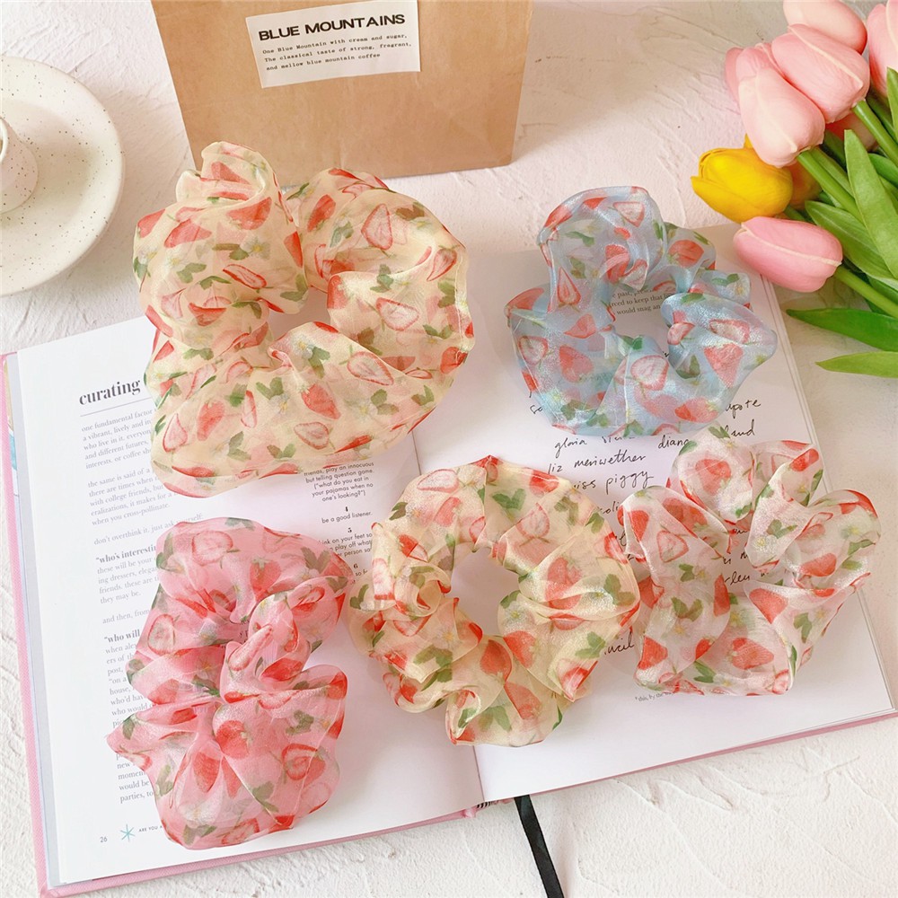 Scrunchies Cột Tóc Voan Kính Họa Tiết Trái Dâu Cute