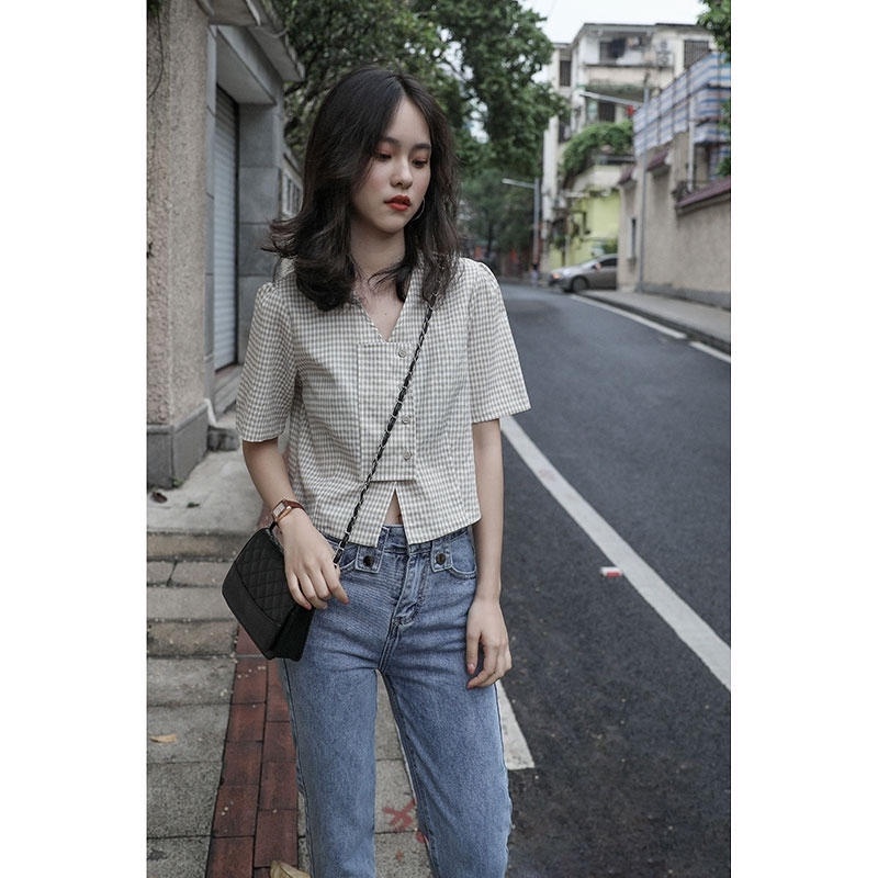 Áo sơ mi nữ sọc caro kiểu lạ mắt hàn quốc