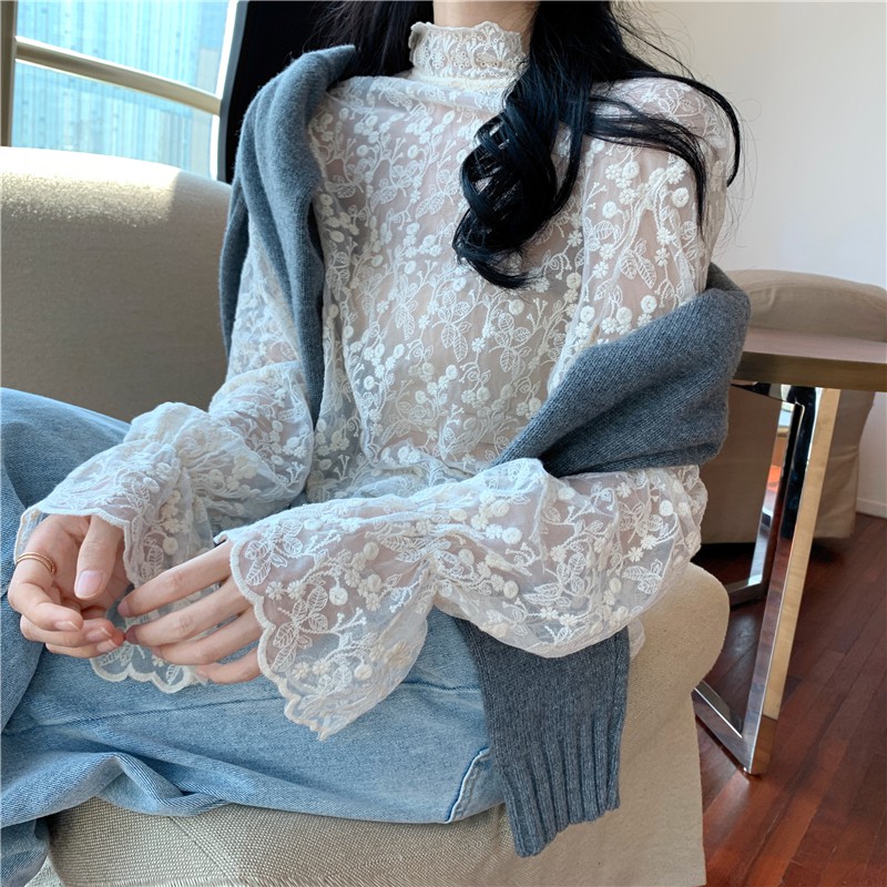 Áo Ren Phối Lưới Mỏng Cổ Lọ Dáng Rộng Xinh Xắn Giúp Che Nắng Cho Nữ