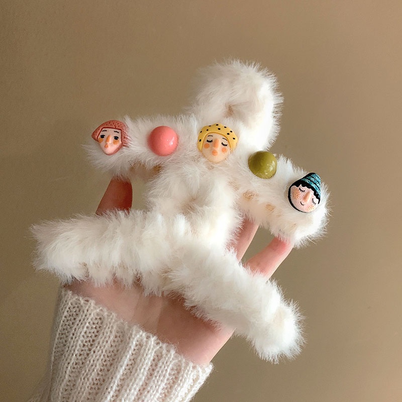 Kẹp tóc hình cá mập phối lông cỡ lớn phong cách Hàn Quốc cho nữ