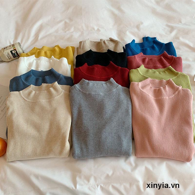 Áo sweater nữ Bigsize áo len cổ 3 phân tăm dệt kim co giãn ôm body trơn cổ lọ tay dài mùa thu đông Hàn Quốc