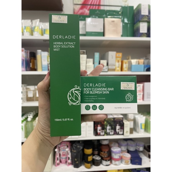 Bộ Đôi Giảm Mụn, Mờ Thâm Body Derladie Herbal Extract Body Solution Mist và Xà Phòng Derladie Cleansing Bar For Blem