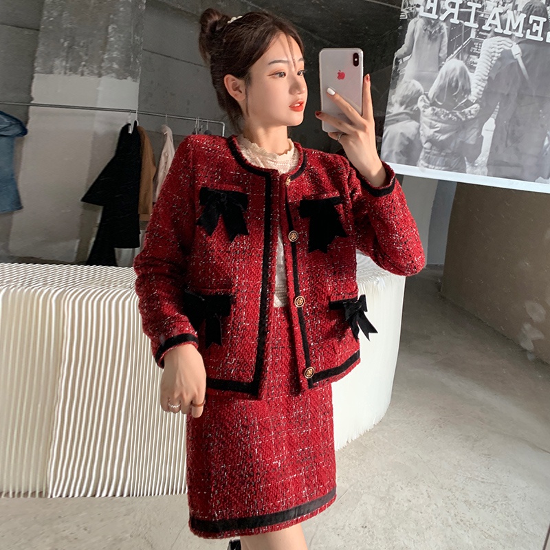 Set dạ tweed nữ tiểu thư mùa đông đỏ bigsize áo khoác chân váy eo cao sang chảnh bánh bèo cute hàng quảng châu cao cấp
