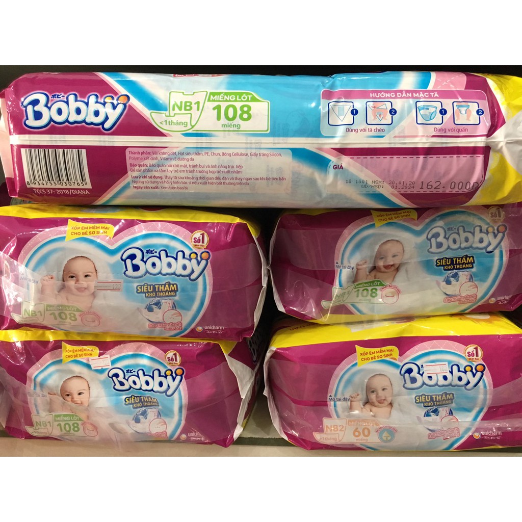 [Tặng 3 miếng tả dán] Tã- Miếng lót sơ sinh Bobby NewBorn1 NB1-108 miếng