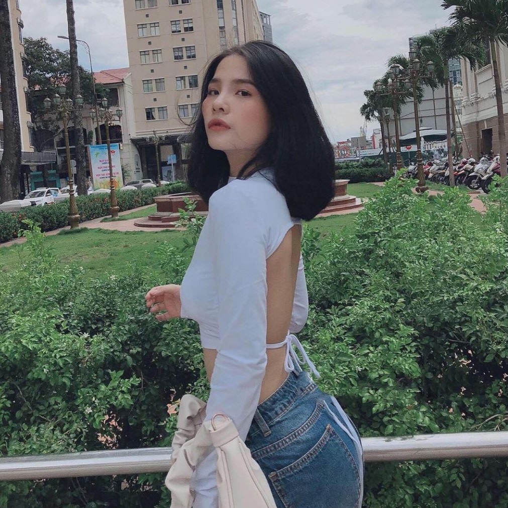 Áo Tay Dài Nữ Hở Lưng Có Mút Ngực Trắng Đen Buộc Dây Chất Thun Lụa Borib "HỞ LƯNG DÀI TAY" | BigBuy360 - bigbuy360.vn