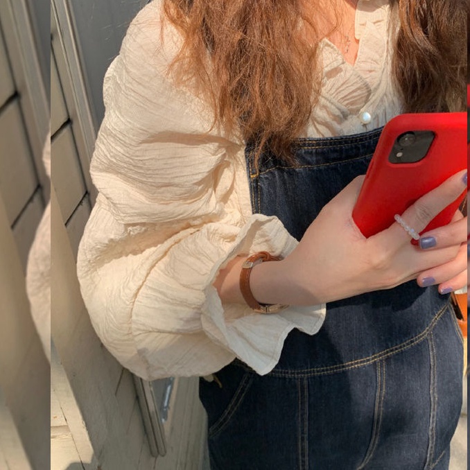 Áo sơ mi chiffon dài tay màu xanh lam thời trang mùa thu cho nữ