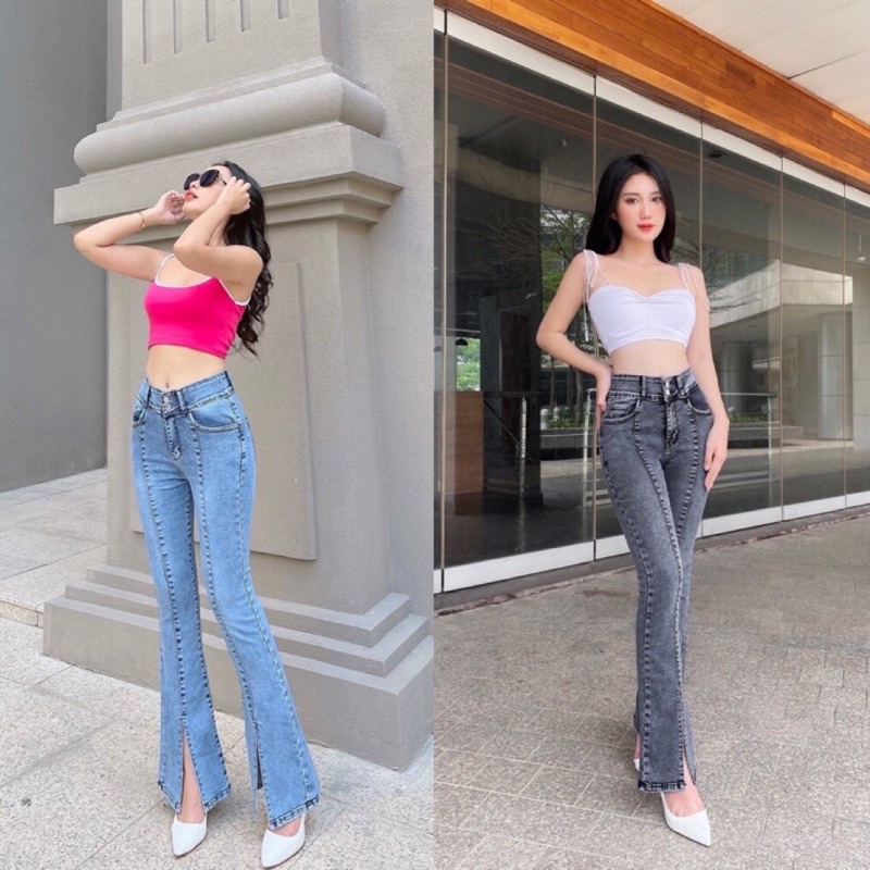 Quần Jean Nữ Ống Loe Dài Lưng Cao Xẻ Tà Co Giãn Cao cấp