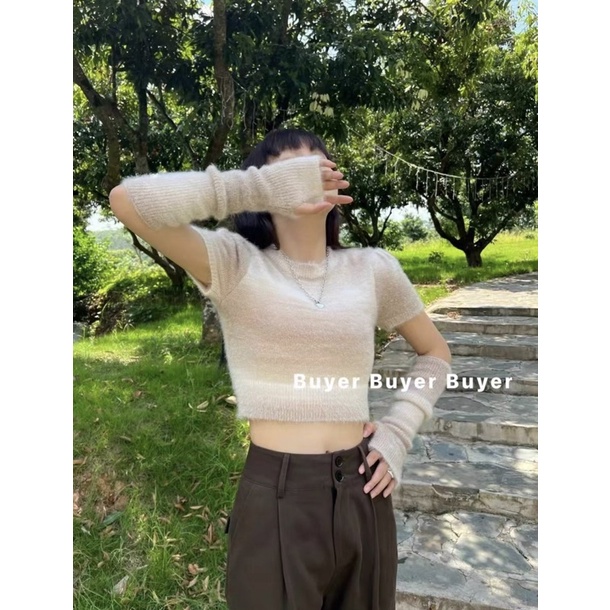 set áo len dệt kim loang màu kèm găng tay xỏ ngón (1607#)