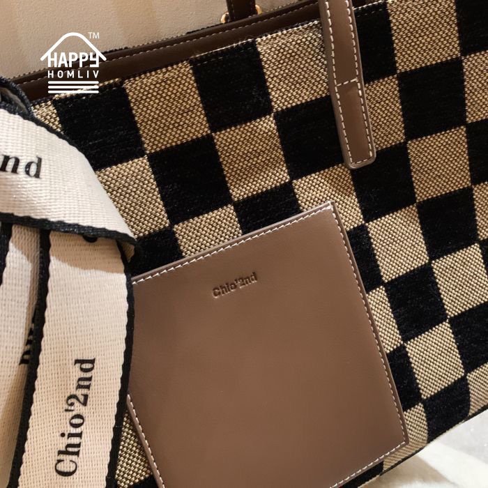 HAPPY HOMLIV Túi Tote Đeo Vai Cỡ A4 Họa Tiết Sọc Caro Phong Cách Retro Thời Trang Cho Nữ