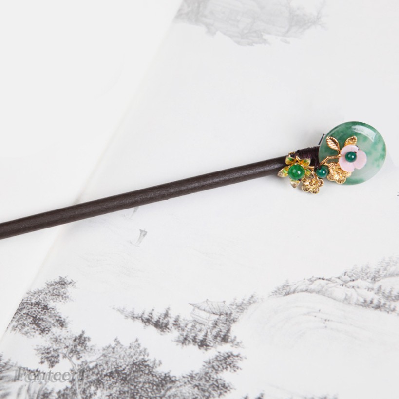 [Fenteer1] Trâm Cài Tóc Bằng Gỗ Truyền Thống Đính Ngọc Bích Màu Đen Cổ Điển