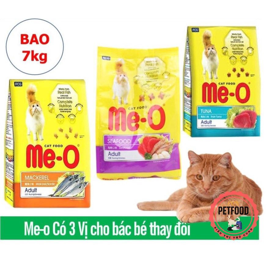 Bao 7kg Me-o Thức ăn viên cho mèo lớn gồm 3 vị Cá ngừ Cá Thu và Hải sản đồ ăn dành cho mèo trên 1 năm tuổi