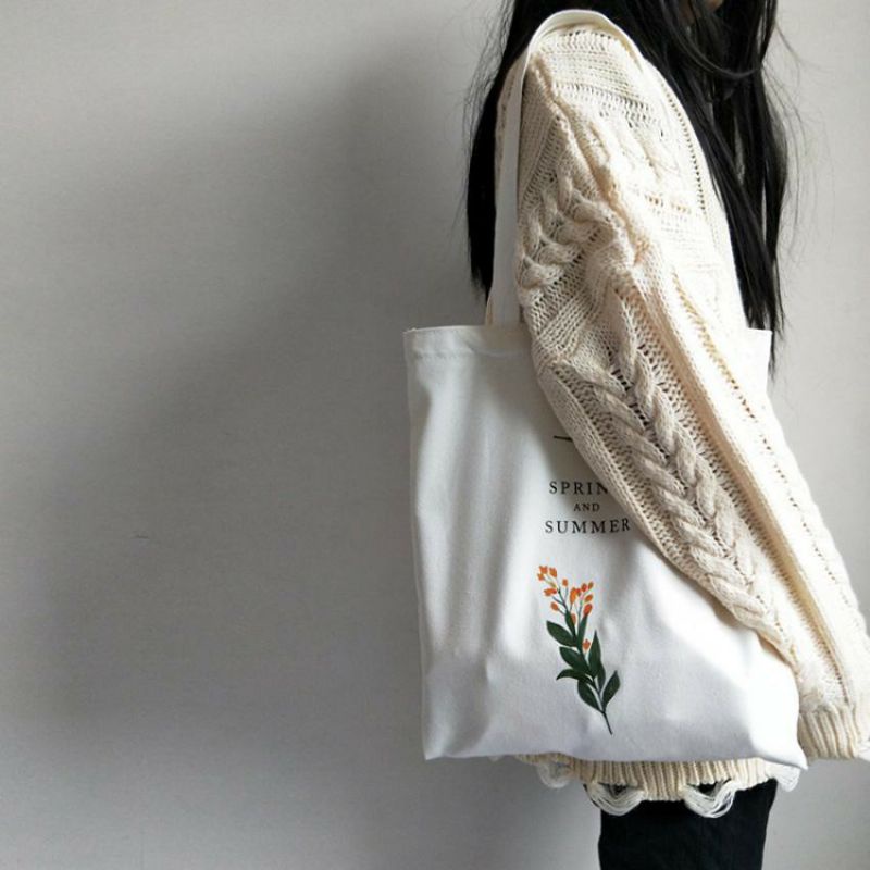 Túi tote vải bố đựng đồ canvas đeo vai phong cách cá tính in hình hoa cải