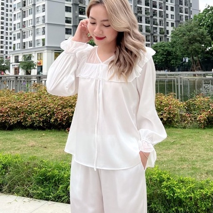 Bộ đồ ngủ nữ pyjama lụa thiết kế cao cấp LYSILK - BN79 - Áo dài tay quần dài đồ mặc nhà thoải mái