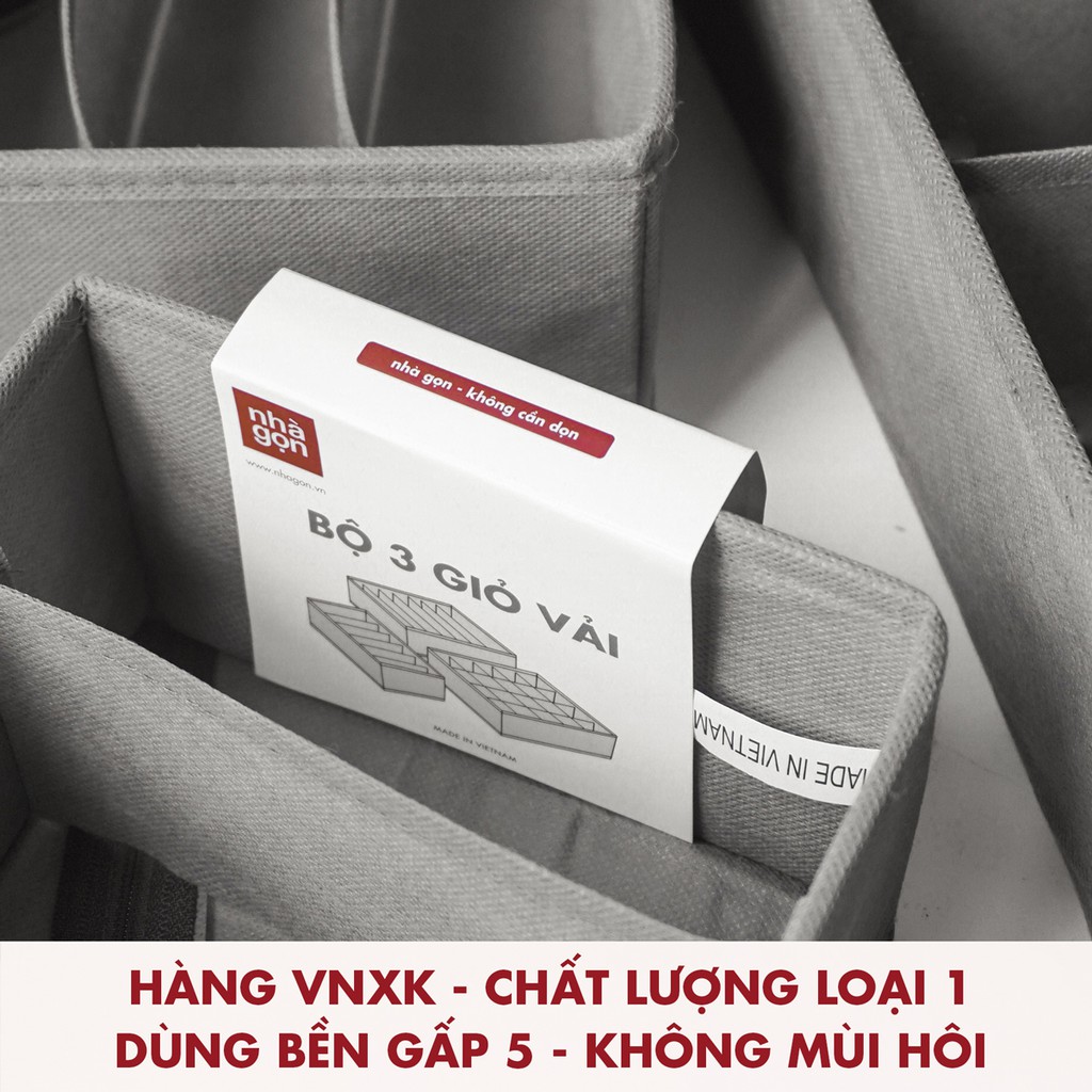 KHÔNG MÙI HÔI - Bộ 3 giỏ vải đựng đồ lót NHÀ GỌN, hộp vải đựng đồ quần áo ,hộp đựng đồ lót -Hàng Việt Nam