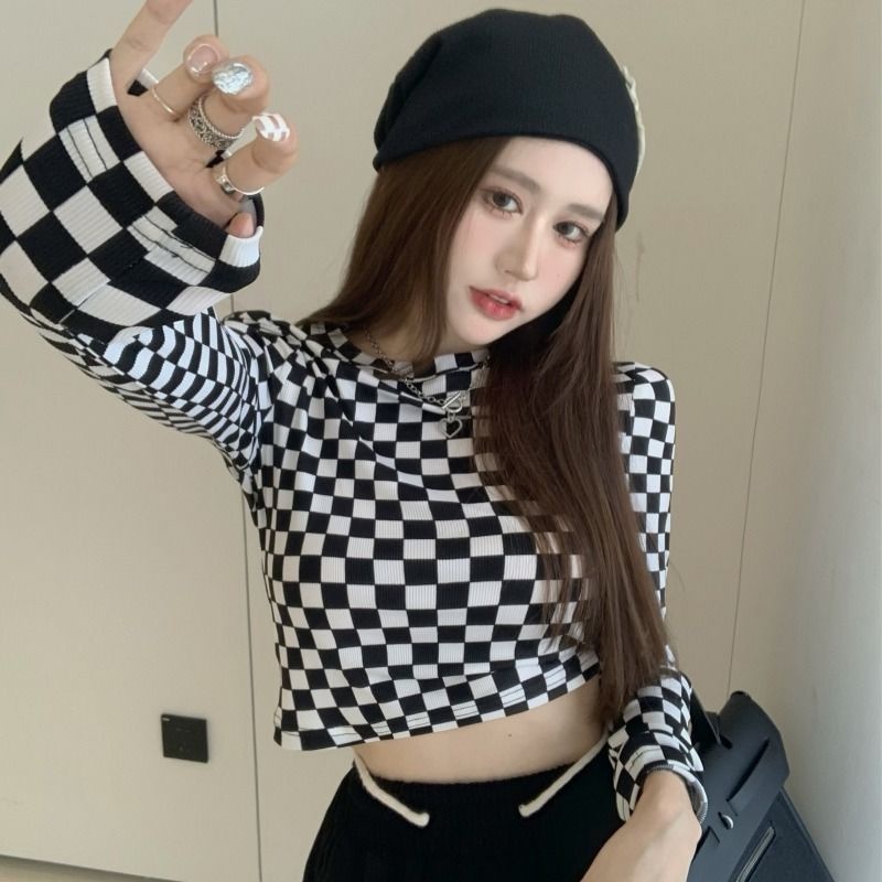 Happy-store ❤️ Áo Thun Croptop Ngắn Tay Dáng Rộng Cổ Tròn Kẻ Sọc Caro Hàn Quốc Thời Trang Mùa Hè Cho Nữ