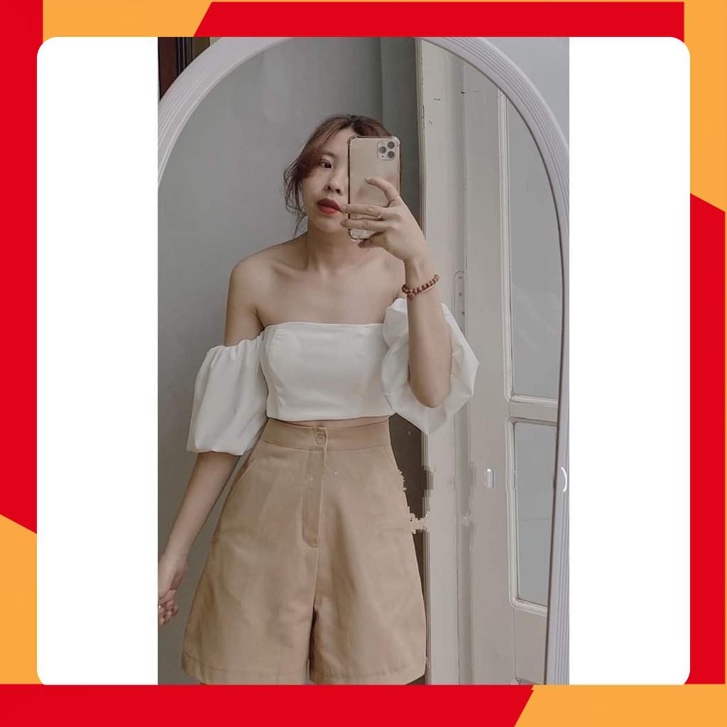 🔰 Áo Nữ Áo Kiểu 🔰 Set Áo Trễ Vai Tay Chun Mix Quần Short Kaki Màu Be Ulzang Hot ✨ Đồ Nữ Bán Chạ