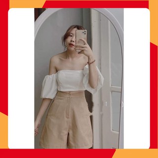 [Nhập THOI99K giảm 5k] 🔰 Áo Nữ Áo Kiểu 🔰 Set Áo Trễ Vai Tay Chun Mix Quần Short Kaki Màu Be Ulzang Hot ✨ Đồ Nữ Bán Chạ