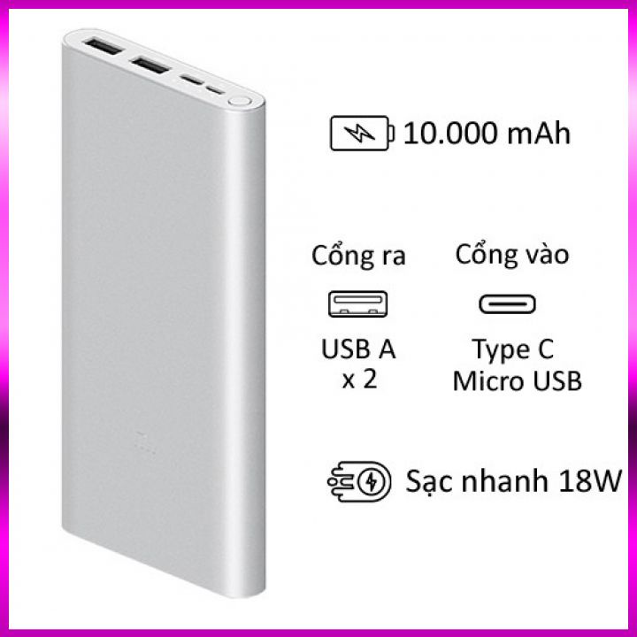 Sạc dự phòng Xiaomi Gen 3 - Pin Dung lượng 10.000 mAH - Pin Hỗ trợ sạc nhanh 18W %$#
